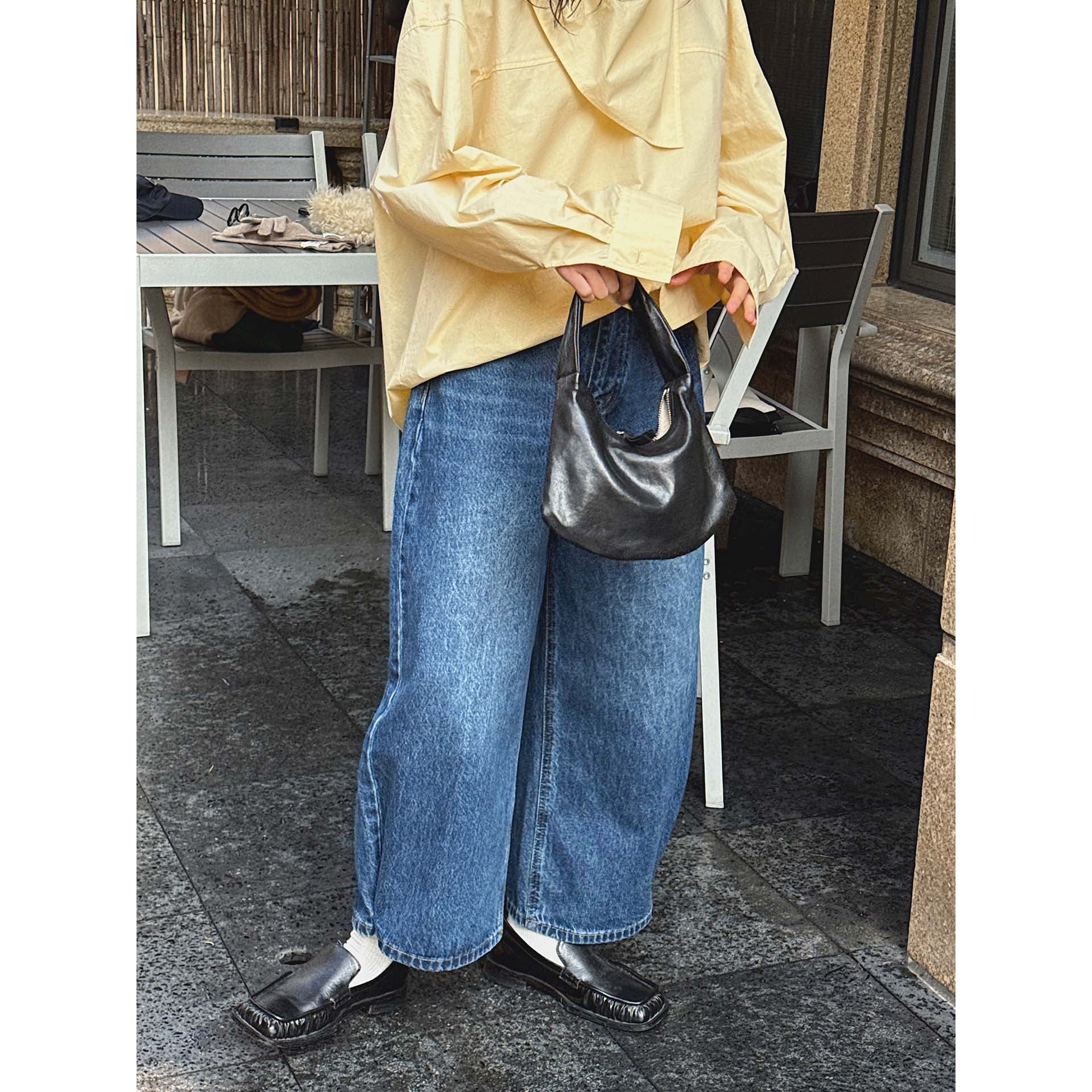 Women's Loose High-Waist Denim Baggy Pants with Snap Hem Chichicherry