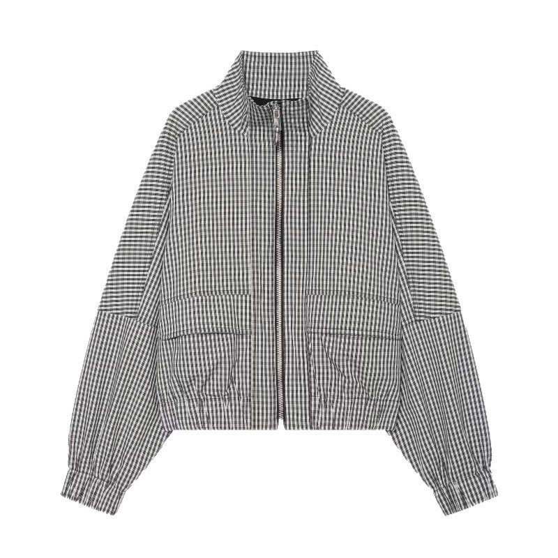 Women Cropped Boxy Jacket in Vichy Check with Stand Collar and Two-Way Zipper Chichicherry