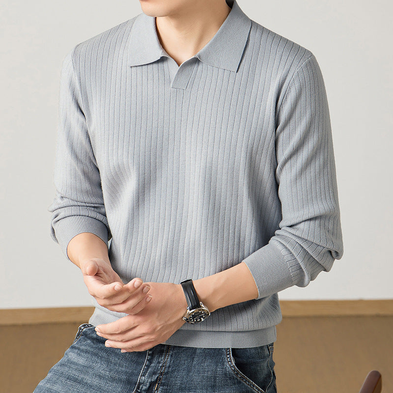 Men's polo collar fine knit sweater with ribbed texture and slim silhouette Chichicherry