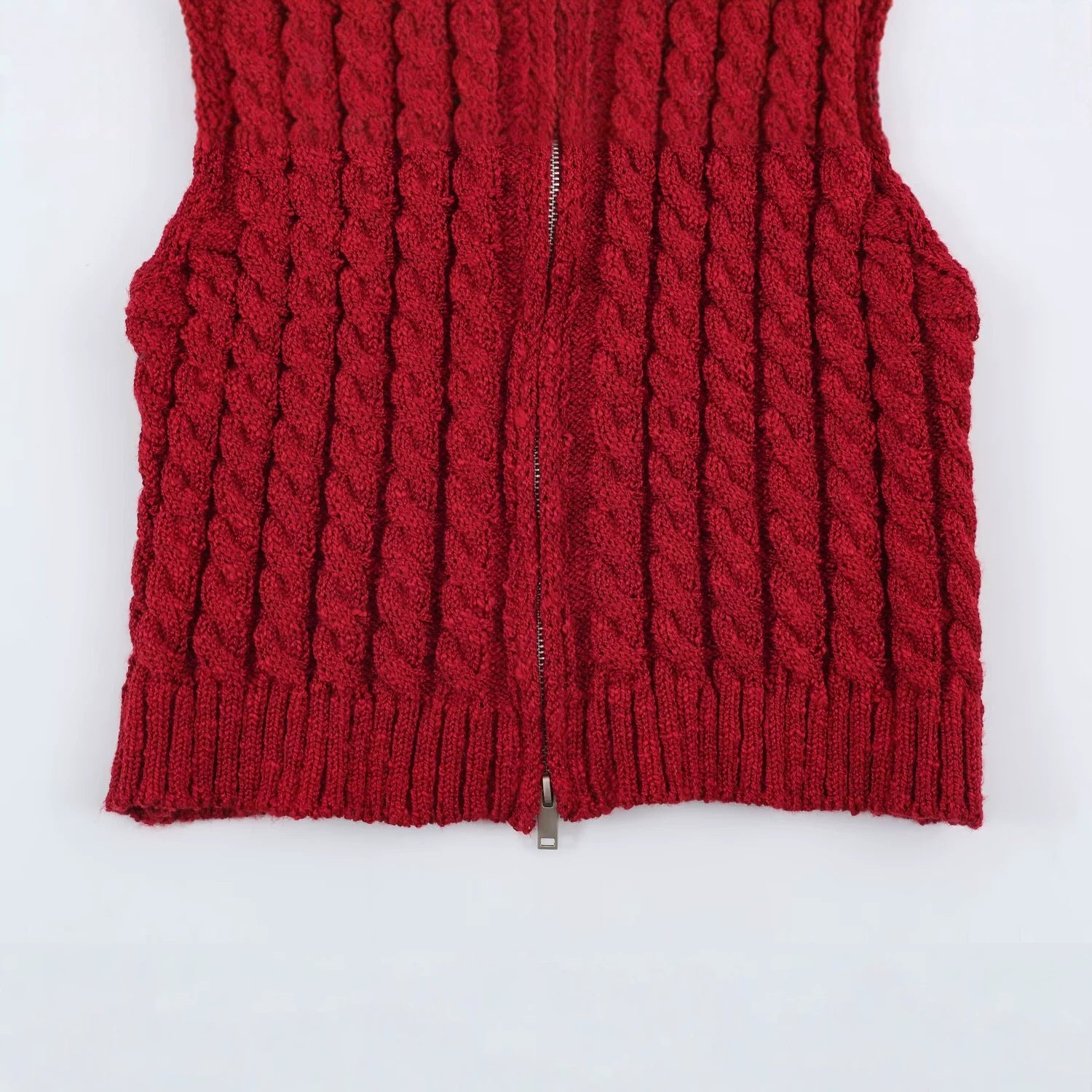 Women Sleeveless Cable Knit Vest with Stand-Up Collar and Full Zipper Chichicherry
