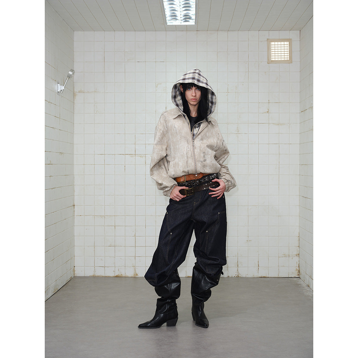 Unisex Short Cut Boxy Jacket in Suede Look with Checked Lined Hood Chichicherry