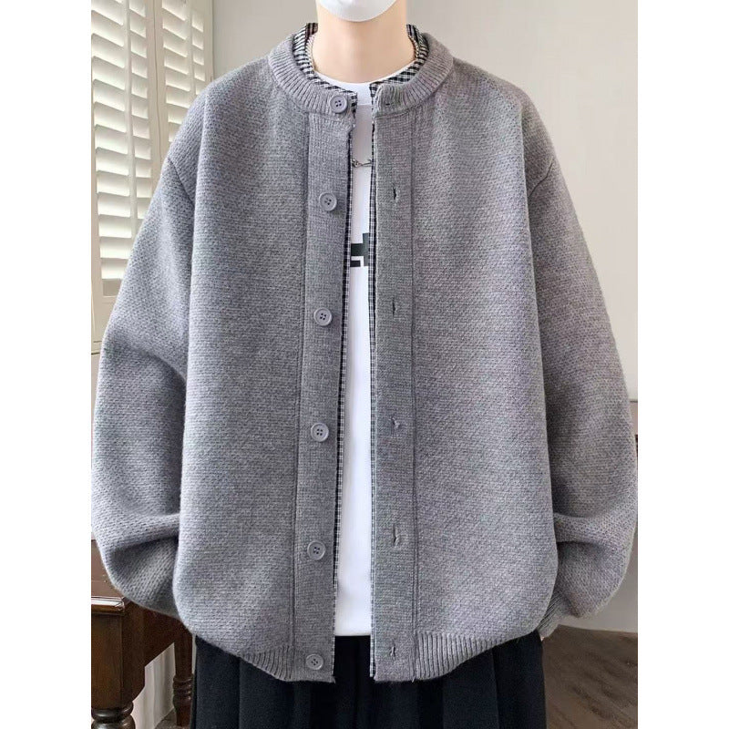 Herren Oversized Strickjacke im Bomberstil mit Rundhals und Knopfleiste Chichicherry