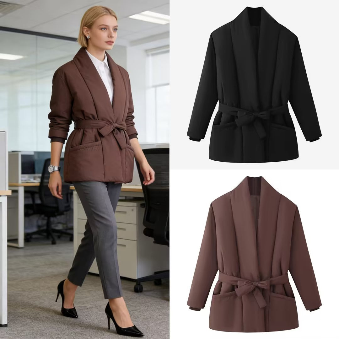 Women's Short Quilted Padded Jacket with Shawl Collar and Waist Belt Chichicherry