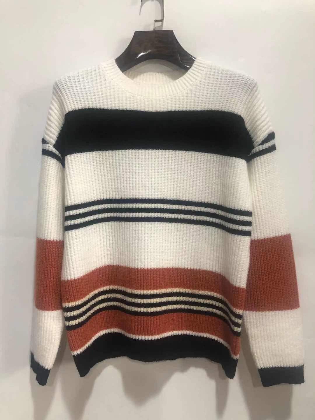 Women's Oversize Waffle Knit Sweater with Block Stripes and Dropped Shoulders Chichicherry