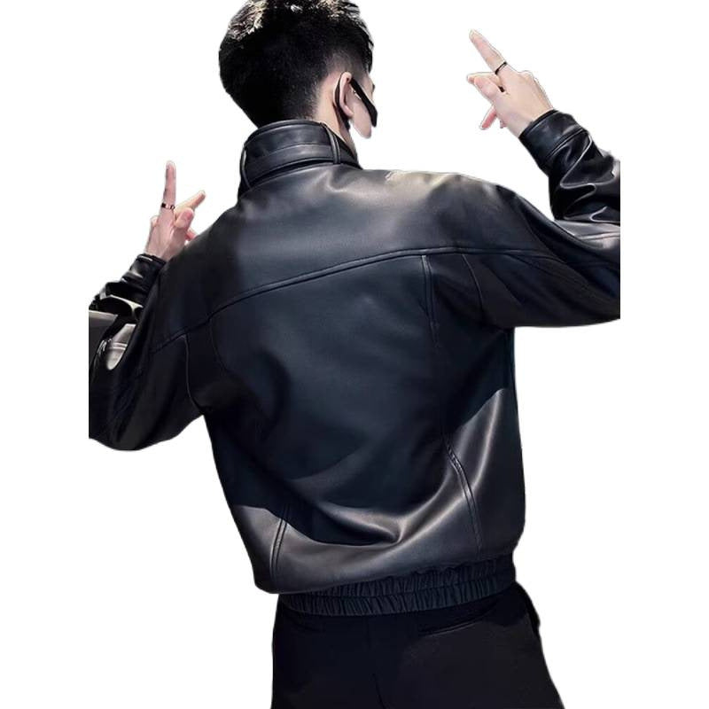 Herren Biker-inspirierte Kunstleder-Bomberjacke mit Stehkragen und elastischem Saum Chichicherry