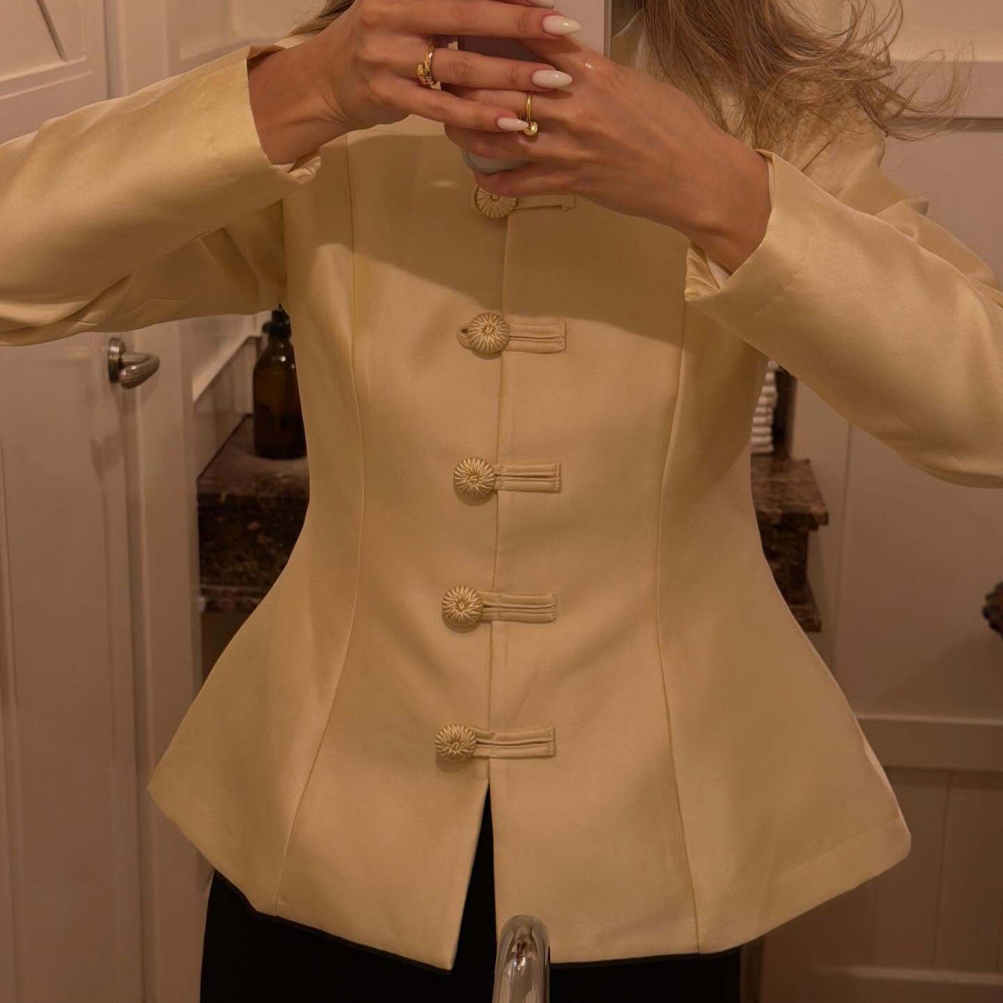Women's Tailored Satin Blazer with Stand Collar, Decorative Cord Buttons and Peplum Chichicherry