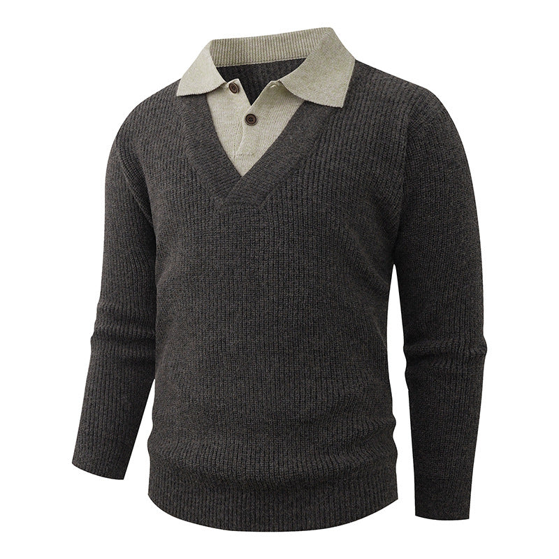 Men's fine knit pullover with integrated polo collar and deep V-neck Chichicherry