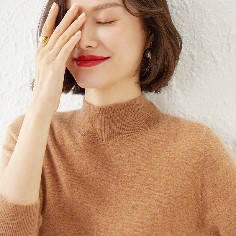 Women Luxurious Cashmere Fine Knit Sweater with Stand-up Collar Chichicherry