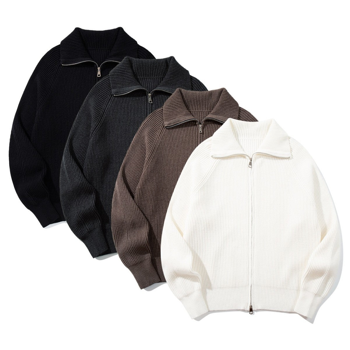 Women's Ribbed Knit Zip Jacket with High Stand-Up Collar, Raglan Sleeves, and Boxy Cut Chichicherry