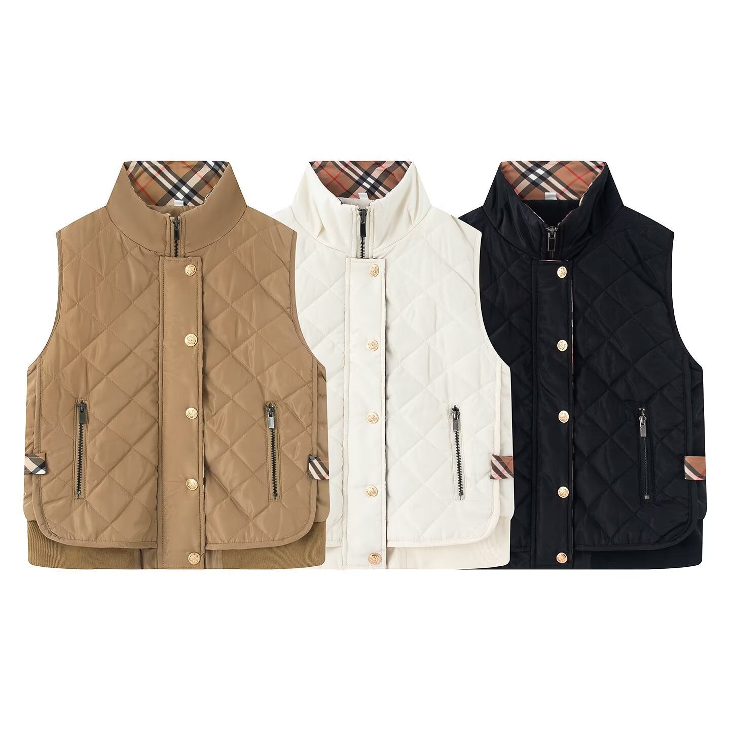 Women's quilted vest with stand-up collar, zippered pockets, and checked lining Chichicherry