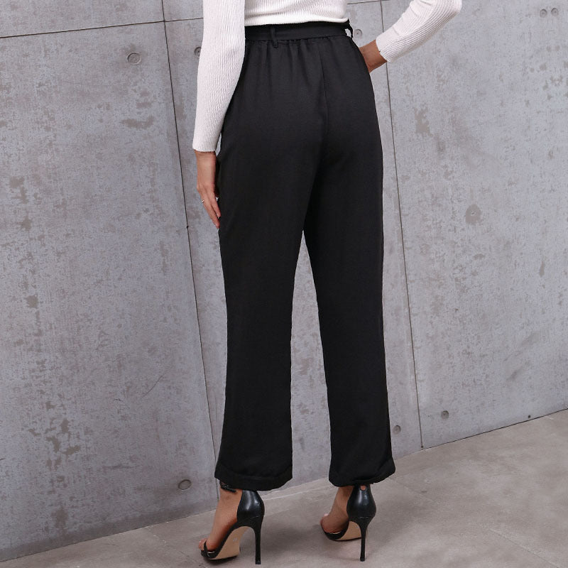 Women Elegant high-waisted paperbag trousers with tie belt and straight leg Chichicherry