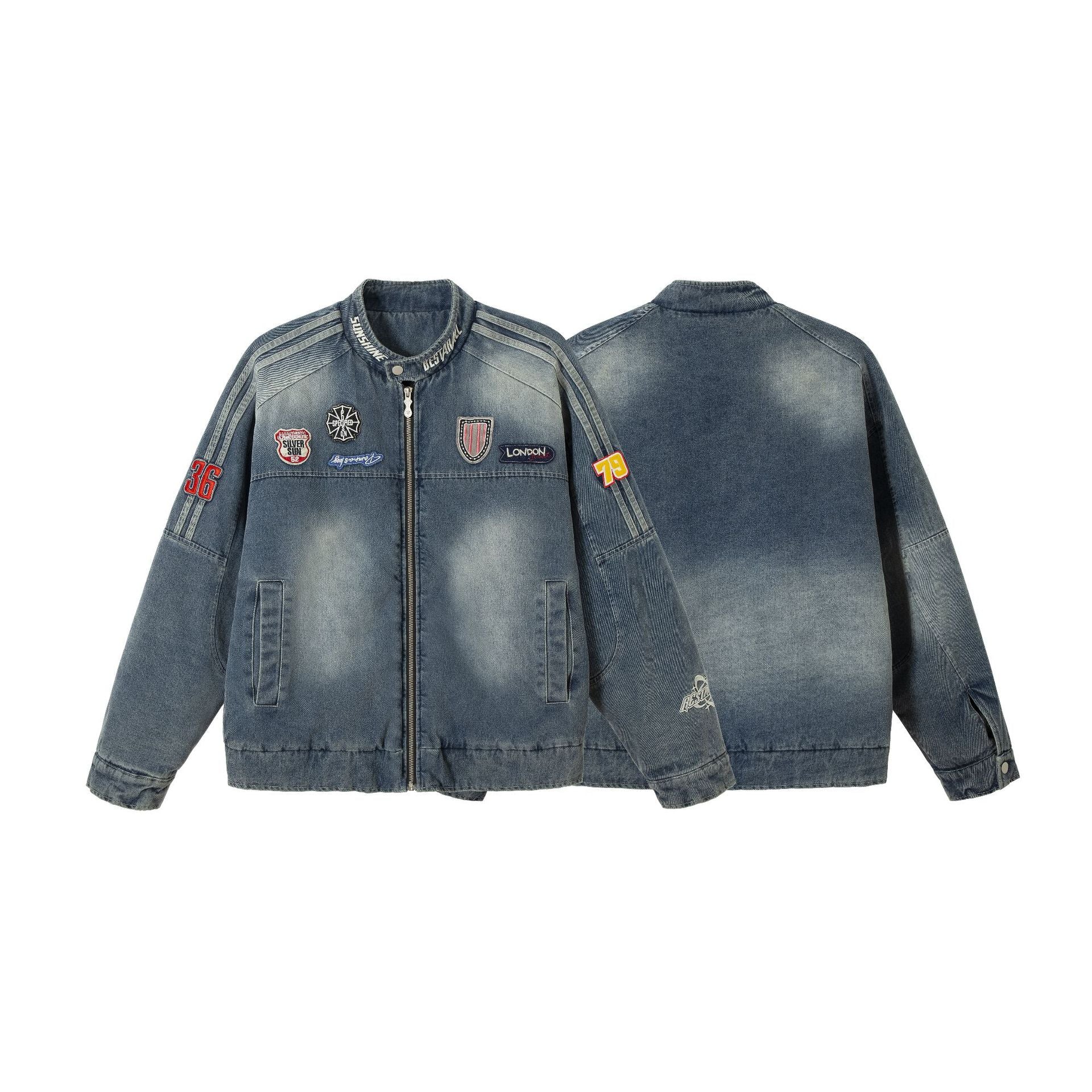 Men's jeans bomber jacket with vintage wash, patch detail and stand-up collar Chichicherry
