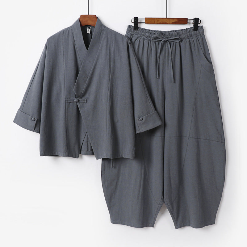Men's Minimalist Kimono Lounge Set made of breathable cotton blend with balloon-shaped waistband pants Chichicherry