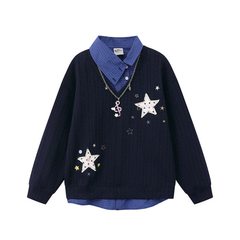 Women's Layered-Look Knit Sweater with Attached Shirt Placket, Star Appliqués and Chain Charm Chichicherry