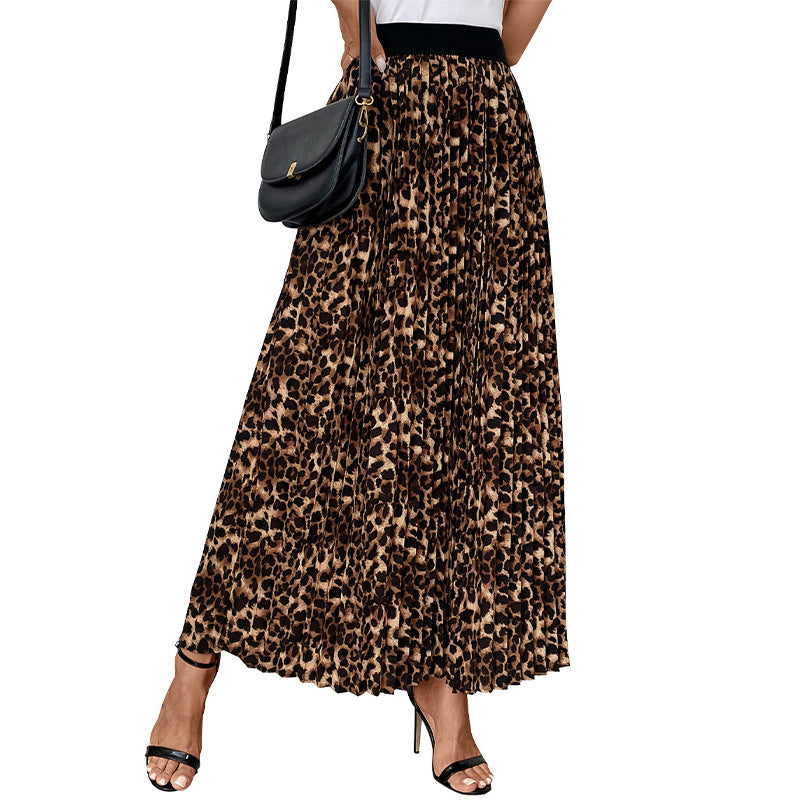 Women's Pleated Maxi Skirt with Leopard Print and Elastic Waistband Chichicherry