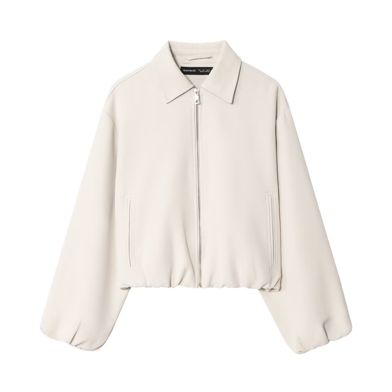 Women short jacket made of vegan leather with Kent collar, full-length zipper and gathered hem Chichicherry