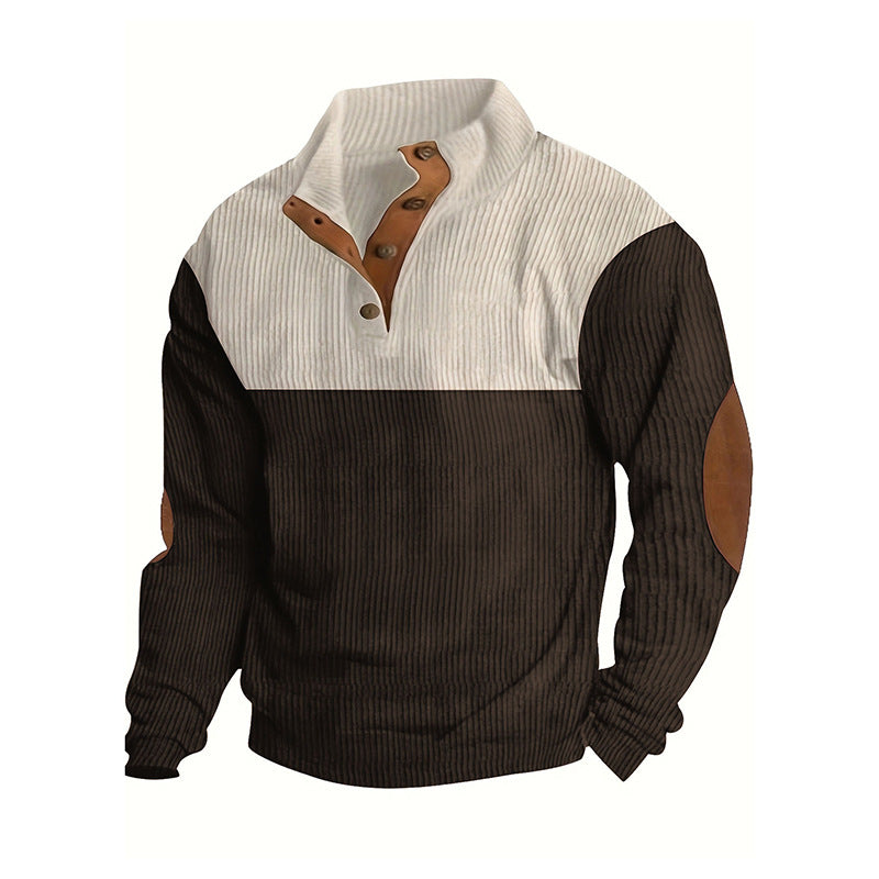 Men's Structured Half-Button Sweater with Stand Collar, Ribbed Texture and Elbow Patches Chichicherry