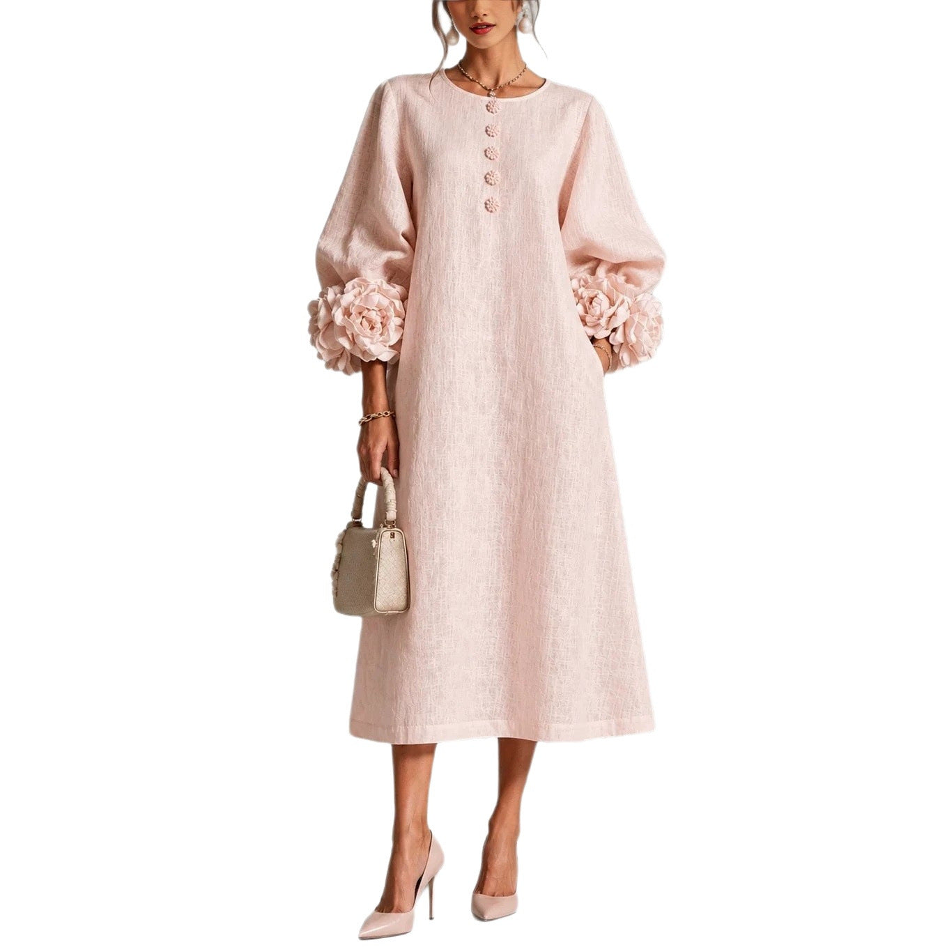 Women's midi dress in linen look with balloon sleeves and 3D flower cuffs Chichicherry