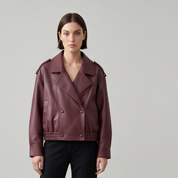 Women's Boxy Faux Leather Blouson with textured grain, double-breasted button placket & elastic hem Chichicherry