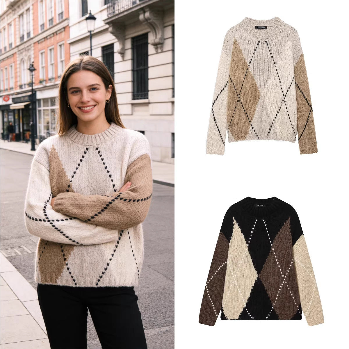 Women Chunky Knit Argyle Sweater with Oversized Cut and Ribbed Collar Chichicherry