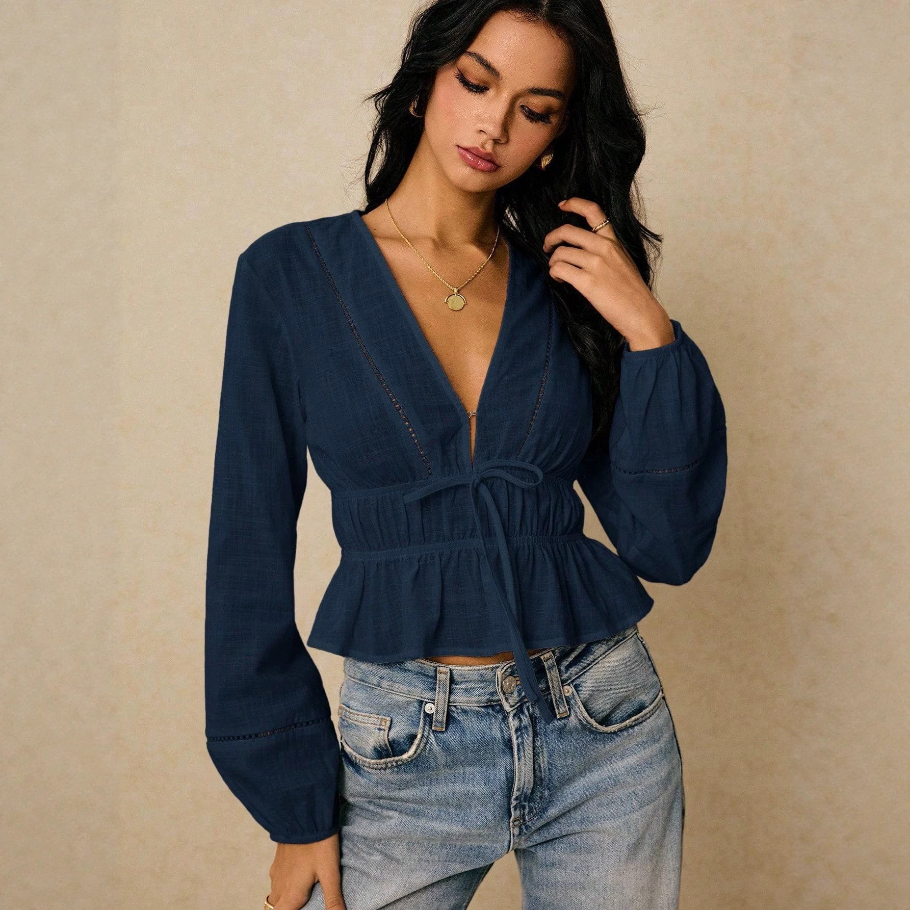 Women Deep Cut Blouse with Drawstring Waist, Ruffled Hem and Decorative Hole Embroidery Chichicherry
