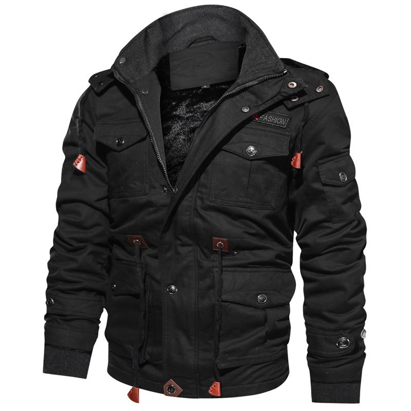 Men's windproof multifunctional field jacket made of canvas with warming teddy plush lining and adjustable drawstring hood