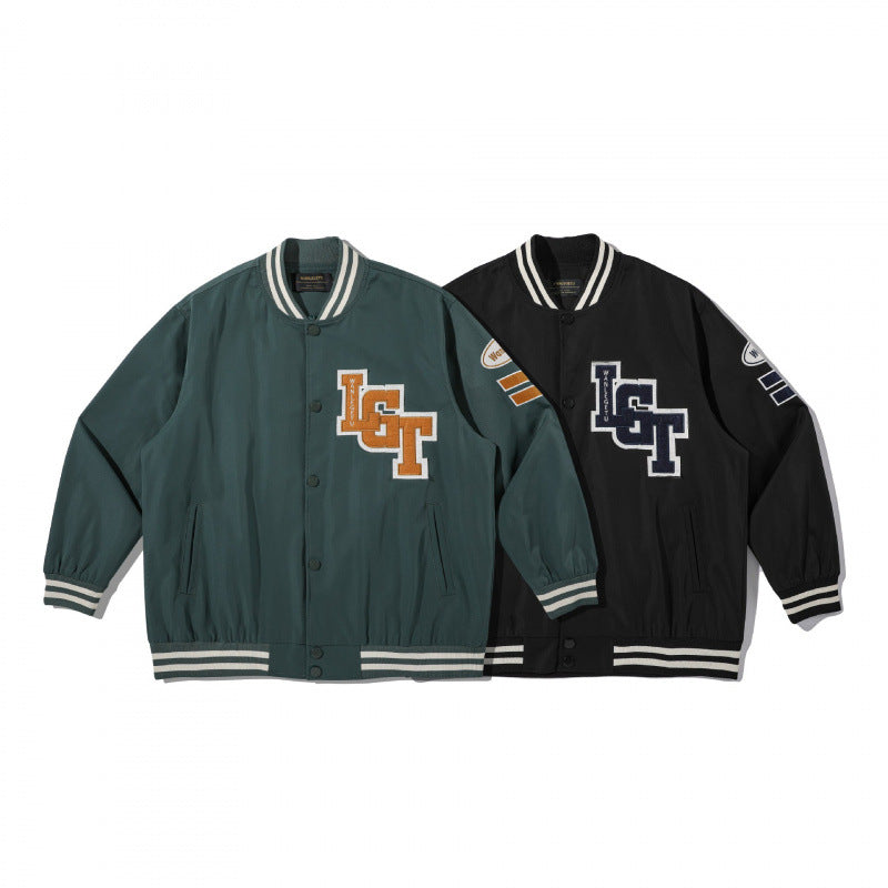 Unisex College Bomber Jacket with quilted patch, striped ribbed hems and snap button placket Chichicherry