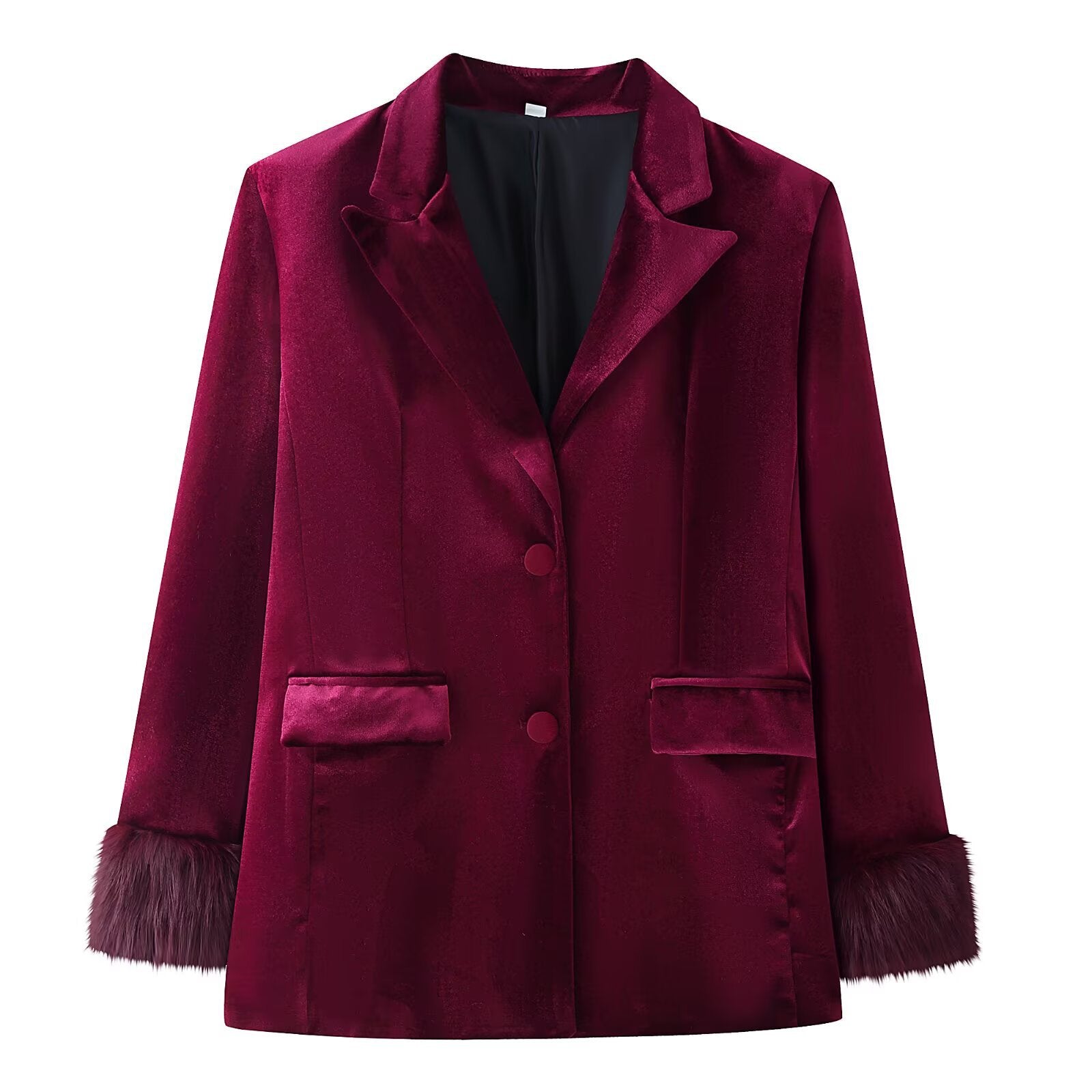 Women Tailored Velvet Blazer with Faux Fur Cuffs and Flap Pockets Chichicherry