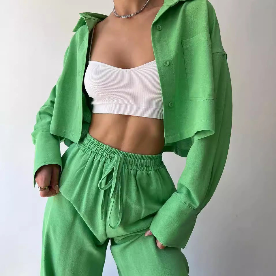 Damen Leinenoptik-Loungewear-Set mit Cropped-Overshirt und High-Waist-Tunnelzughose Chichicherry