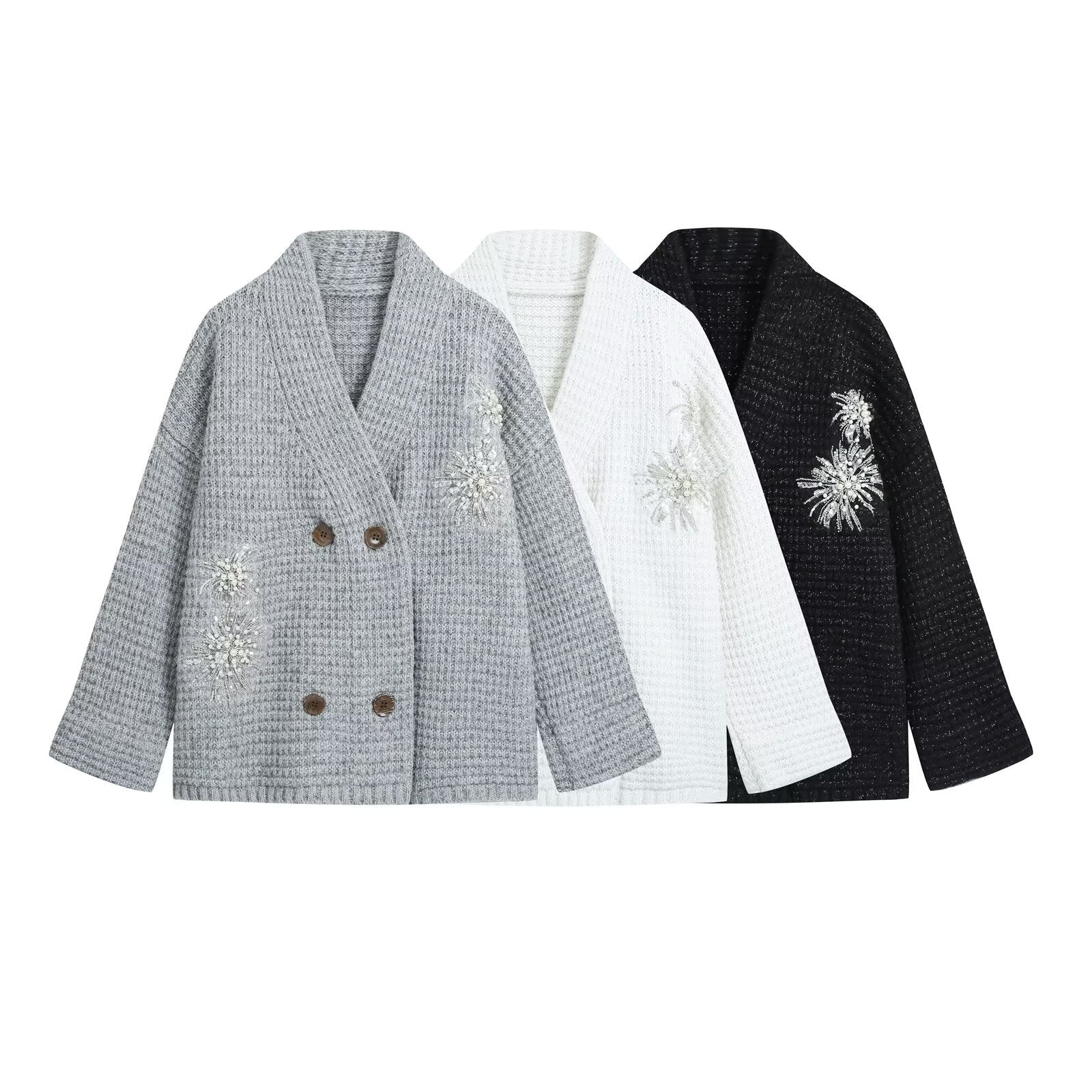 Women's Waffle Knit Cardigan with Double-Breasted Button Placket and Decorative Application Chichicherry