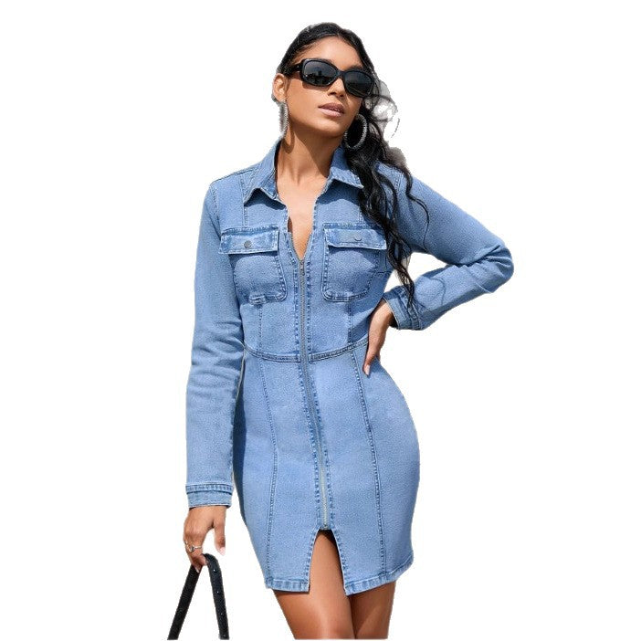 Women's denim shirt dress with front zipper, waist-accentuated cut and chest pockets Chichicherry