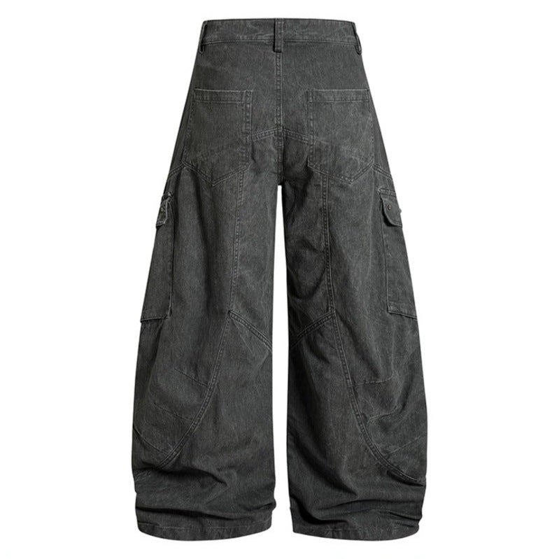 Women Wide High-Waist Cargo Culotte Jeans Pants with Flap Pockets and Vintage Wash Chichicherry