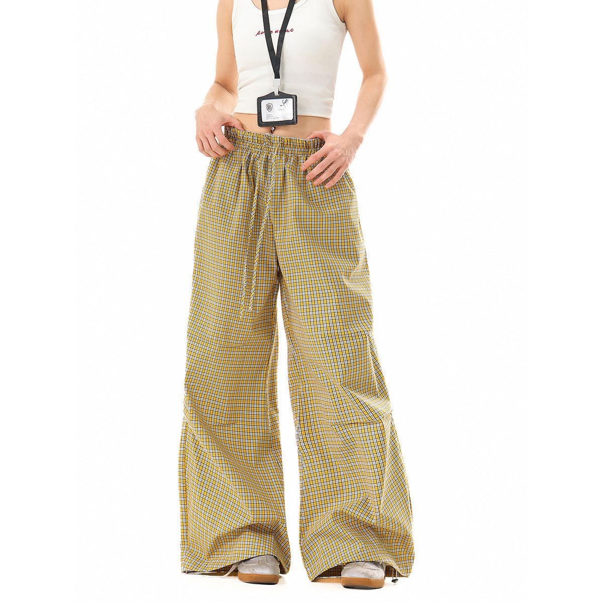 Women's wide cotton trousers with elastic waistband, check pattern and adjustable hem cord Chichicherry