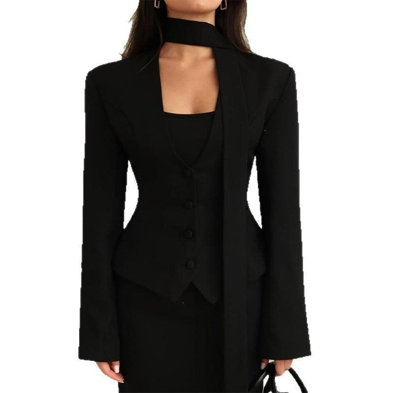 Women Tailored Blazer with Tie Scarf and Fitted Vest Chichicherry