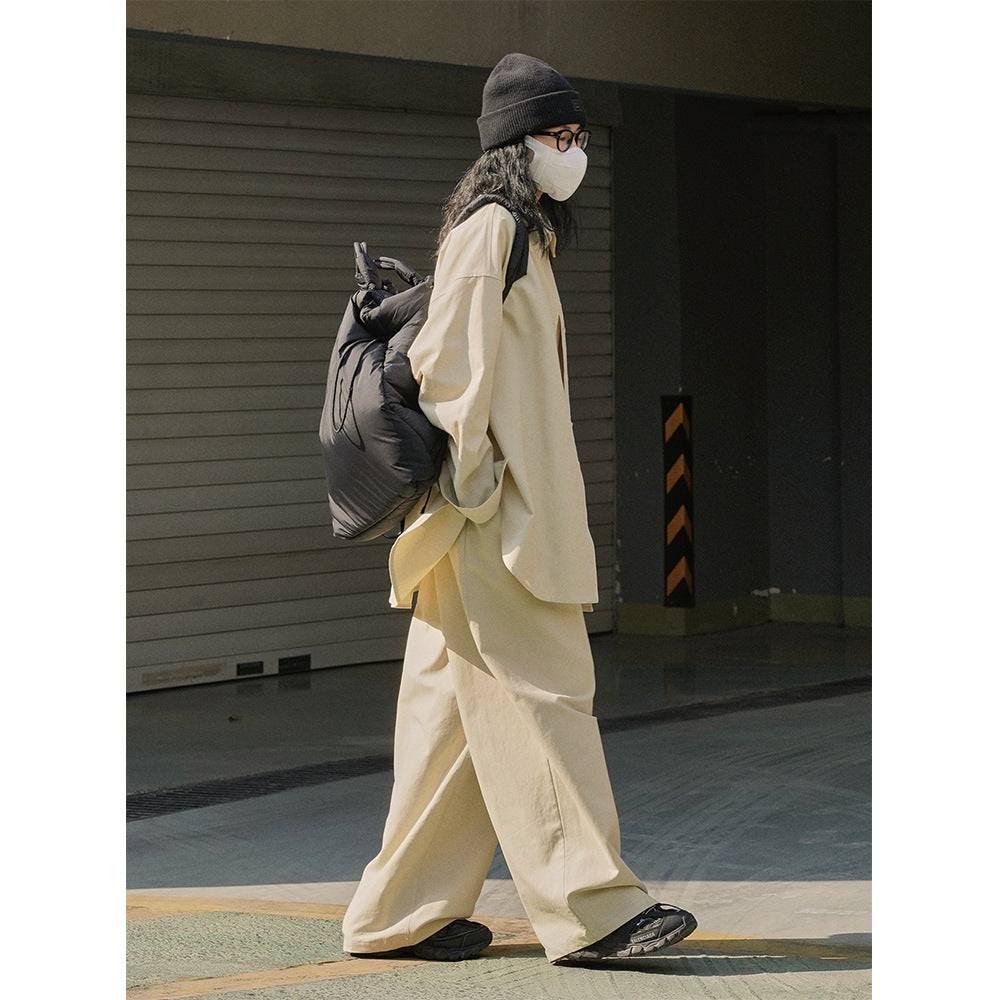 Women Oversize Shirt Jacket with Boxy Silhouette and High-Waist Stretch Waist Pants in Set Chichicherry