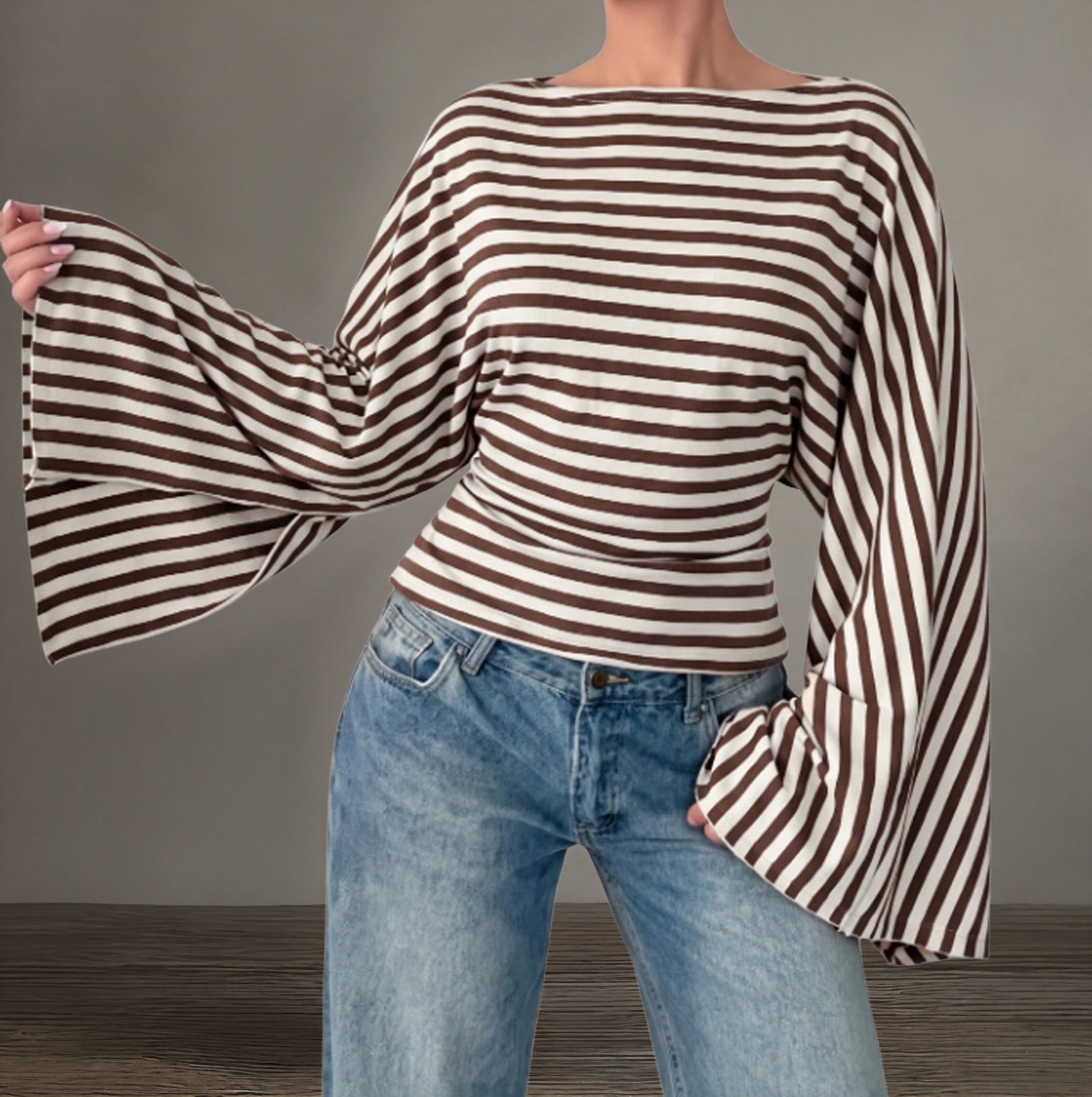 Women's Striped Shirt with Off-the-Shoulder Neckline, Fitted Silhouette and Bell Sleeves Chichicherry
