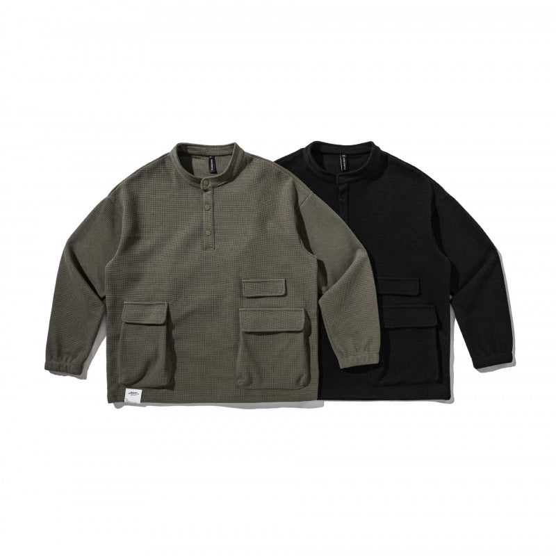 Unisex Oversize Waffle Knit Henley Sweatshirt with Stand-Up Collar, Snap Placket and Utility Pockets Chichicherry