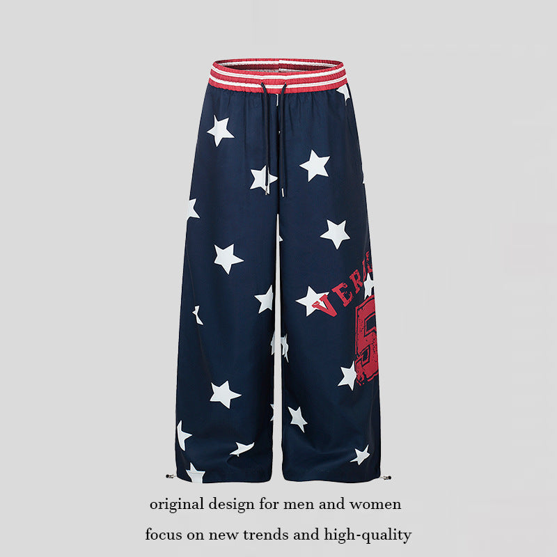 Ladies Palazzo Lounge Pants in Athleisure Style with Star Allover, High Ribbed Waistband and Statement Print Chichicherry