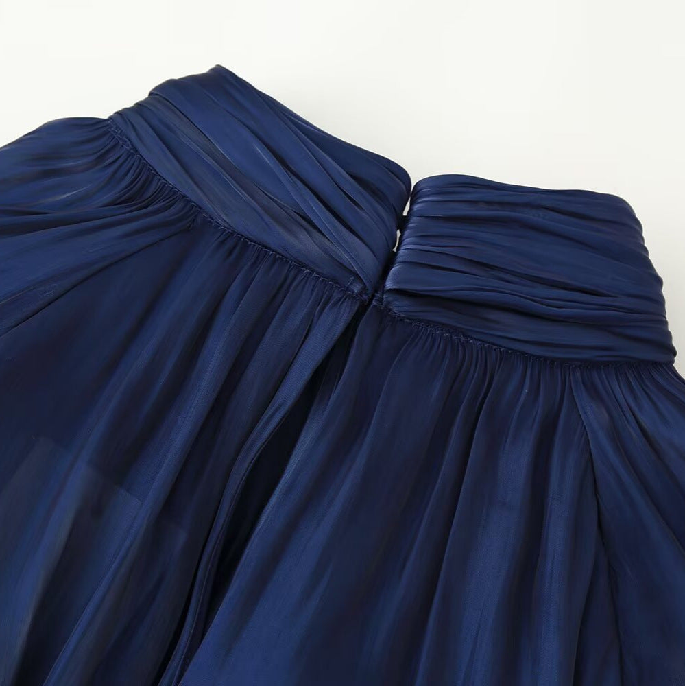 Women silk-like slip blouse with bow collar, pleated effect and ruched balloon sleeves Chichicherry