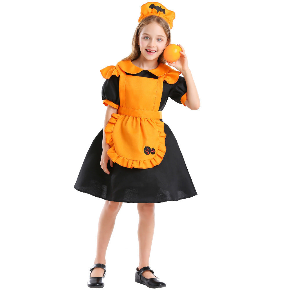 Girls Pumpkin Fairy Costume with Swinging Skirt and Chic Apron Design Chichicherry