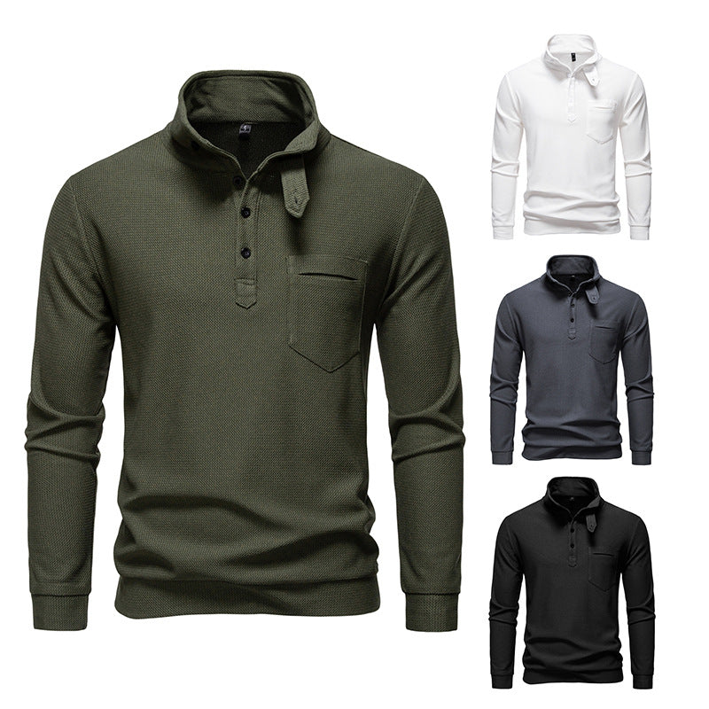 Men's Textured Waffle Knit Henley Shirt with High Collar, Button Placket and Chest Pocket Chichicherry