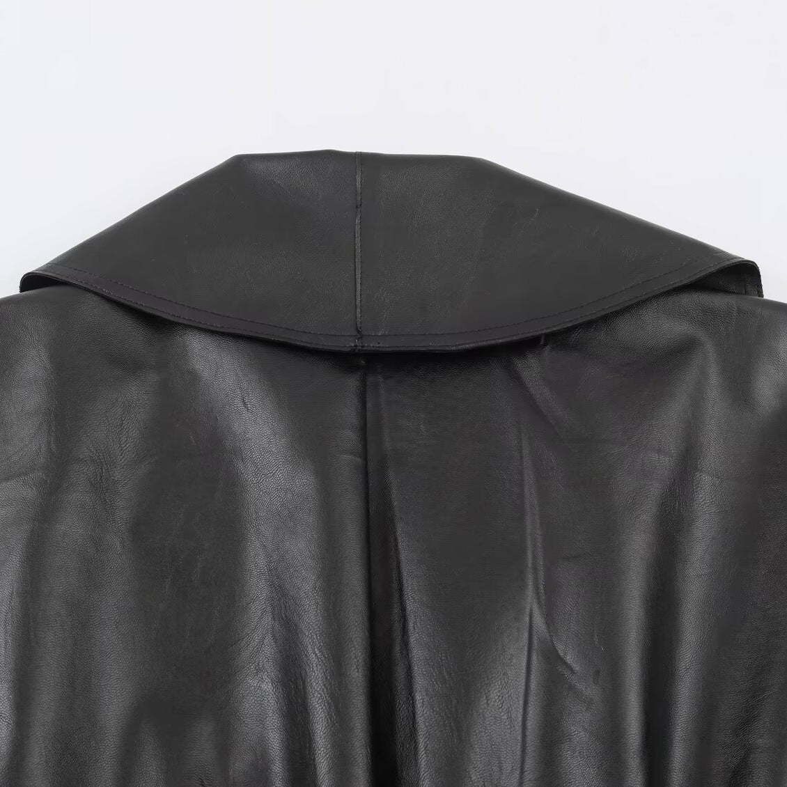 Women's Cropped Leather-Look Jacket with Oversized Shawl Collar and Tailoring Buckle Belt Chichicherry
