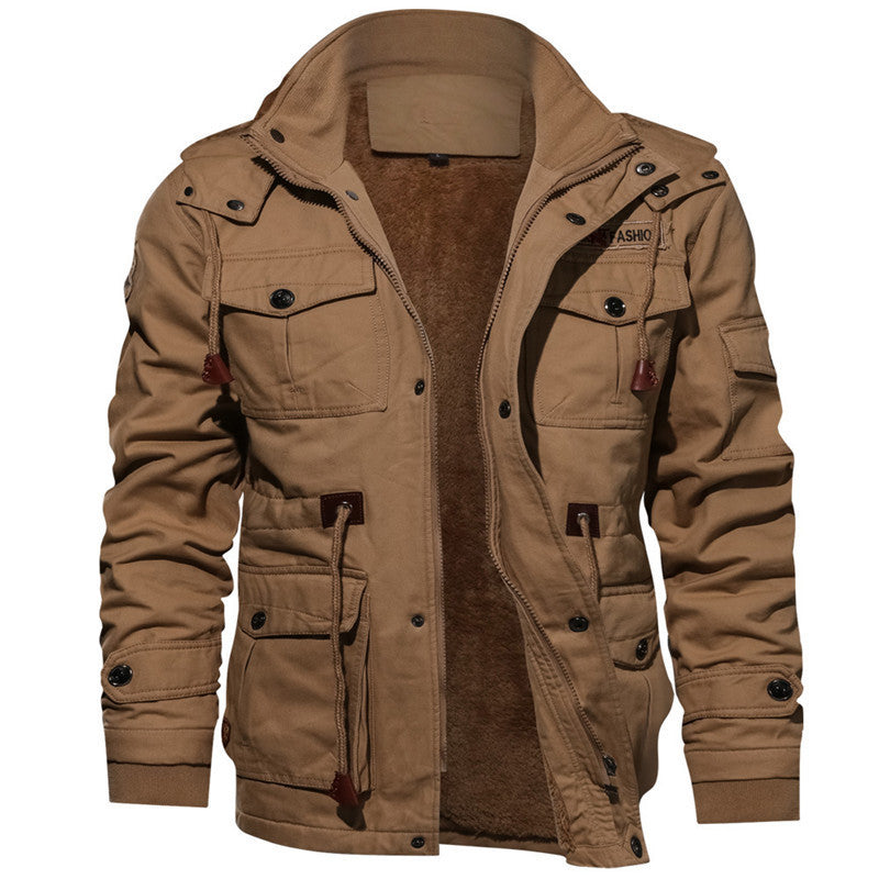 Men's Utility Canvas Jacket with Teddy Fleece Lining, Drawstring, and Multi-Pockets Chichicherry