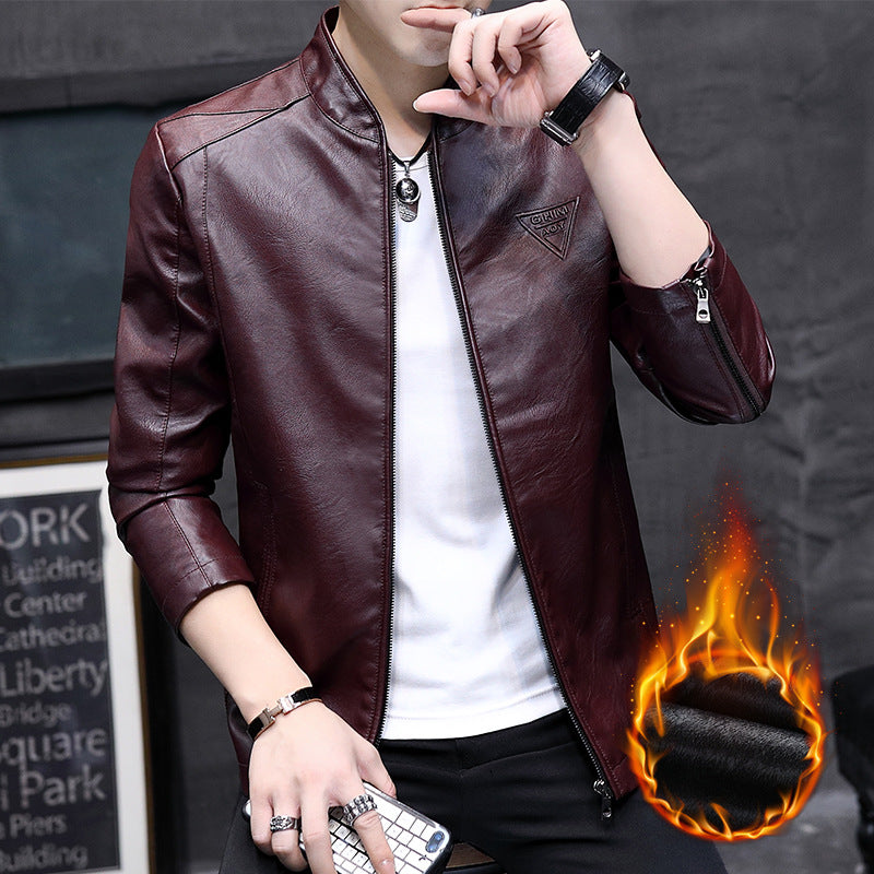 Men's Slim-Fit Faux Leather Moto Jacket with Stand Collar, Zipper Sleeves, and Minimalist Logo Application Chichicherry