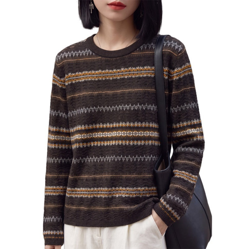 Women Light Fair-Isle Fine Knit Sweater with Round Neck and Fine Stripe Structure Chichicherry