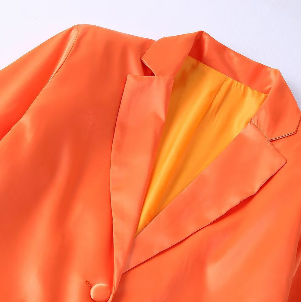 Women's Satin One-Button Blazer with Feather Trim on Sleeves Chichicherry