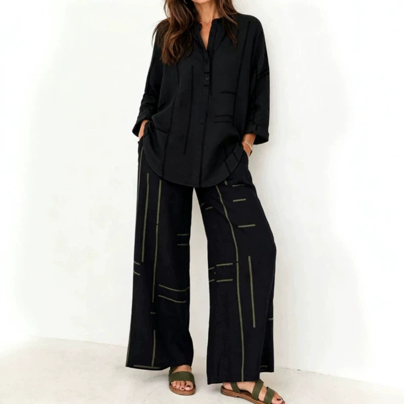 Women Loose Shirt Blouse and Palazzo Pants Set in Linen Look Chichicherry
