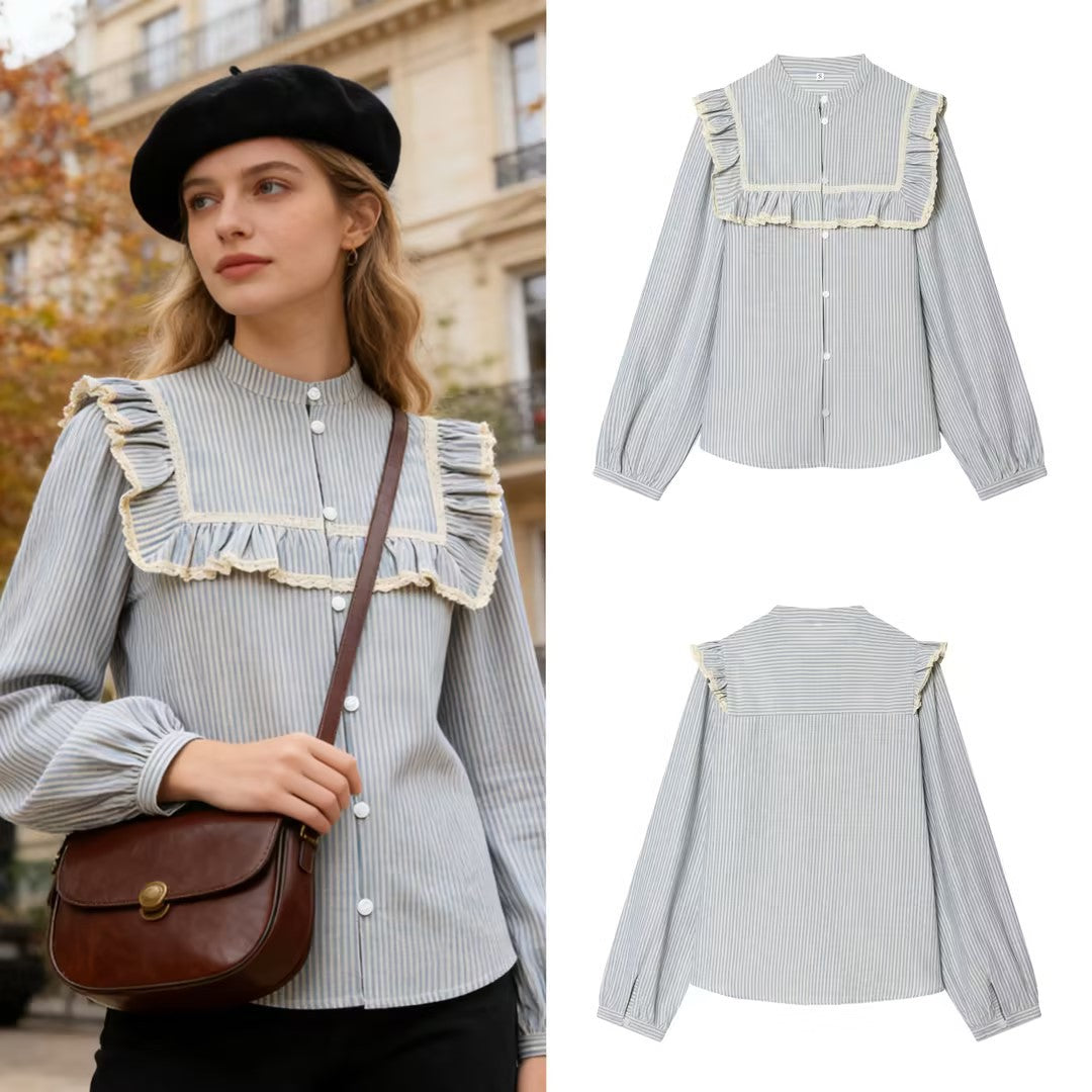 Women Striped Cotton Blouse with Square Bust Yoke, Ruffle and Lace Trim Chichicherry