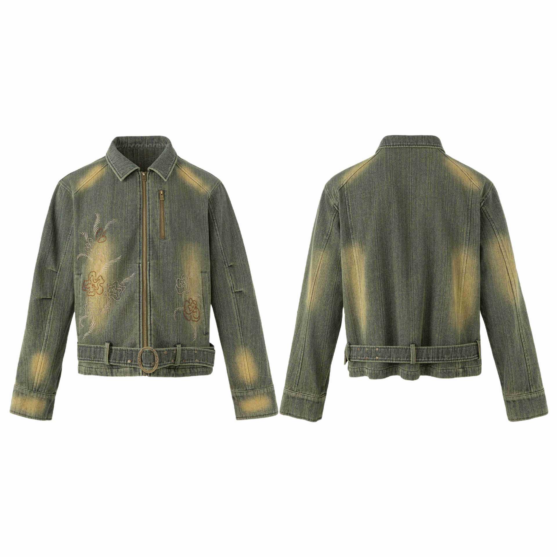 Women's Embroidered Short Denim Blouson Jacket with Waist Belt and Zipper Chichicherry