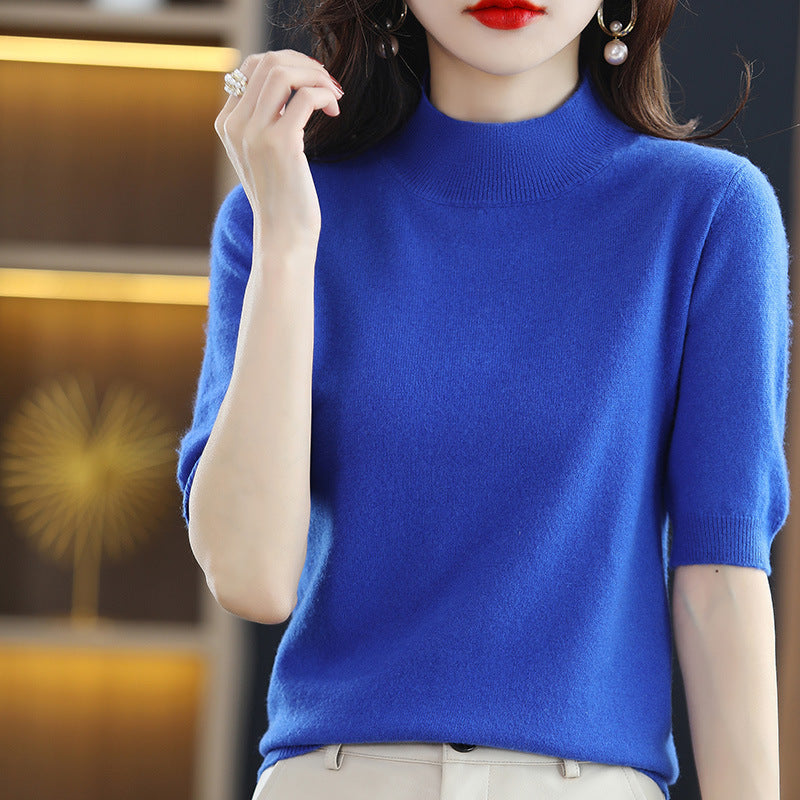 Women Short Sleeve Fine Knit Sweater with Half Turtleneck Chichicherry
